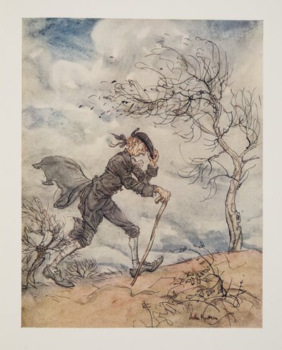 Striding Along the Profile of a Hill on a Windy Day, from The Legend of Sleepy Hollow by Washington Irving, pub. 1928 by Arthur Rackham