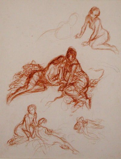 Studies of girls sitting on the grass by Arthur Rackham