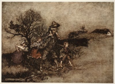 Surrounded by a troop of children, from Rip Van Winkle by Washington Irving by Arthur Rackham