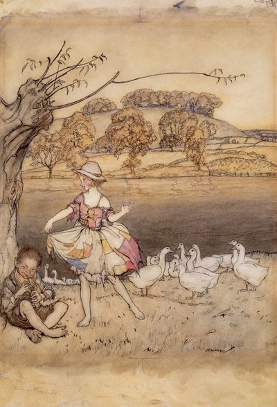 Tattercoats dancing while the gooseherd pipes (illustration from English Fairy Tales, retold by F.A. Steel, published 1918) by Arthur Rackham