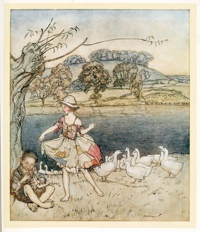 Tattercoats dancing while the goosherd pipes, from English Fairy Tales, pub. 1922 by Arthur Rackham