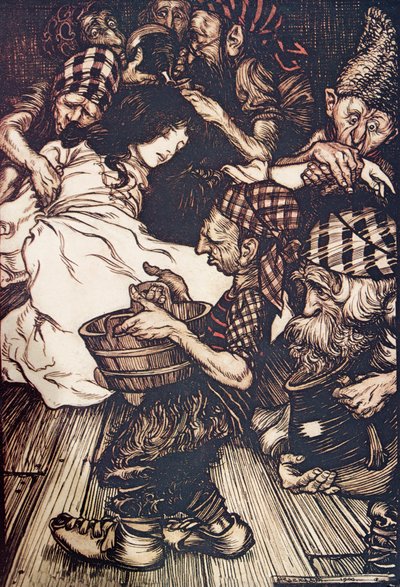 The Dwarfs, when they came in the evening found Snowdrop lying on the ground by Arthur Rackham
