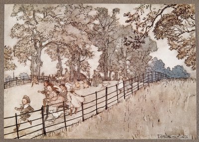 The Hump which is the part of the Broad Walk where all the big races are run, from Peter Pan in Kensington Gardens by J.M. Barrie, pub. 1906 by Arthur Rackham
