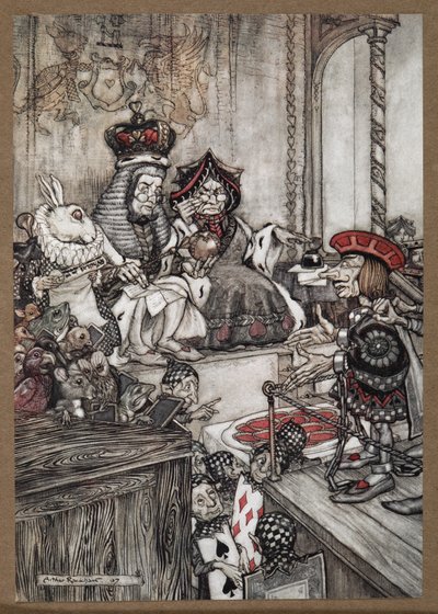 The Knave of Hearts in the dock before the Queen and King of Hearts accused of stealing the tarts by Arthur Rackham