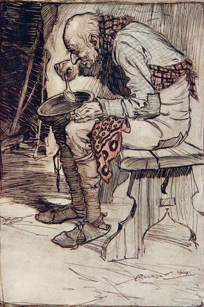 The Old Man had to sit by himself and ate his food from a wooden bowl by Arthur Rackham