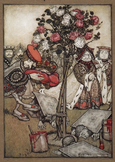 The Queen, King, and Knave of Hearts Passing the Men Dressed as Cards Painting the Rose Bush Red by Arthur Rackham