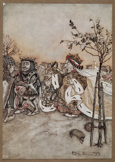 The Queen of Hearts shouting angrily after the game of croquet by Arthur Rackham