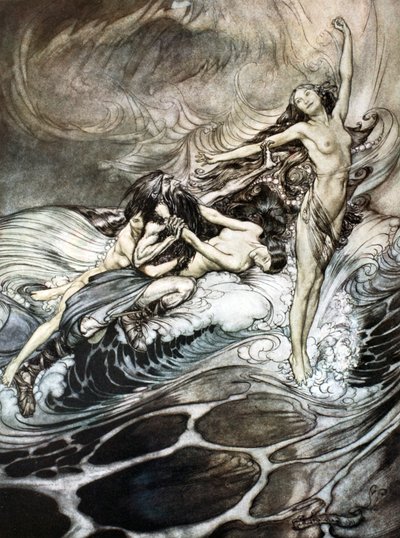 The Rhine Maidens obtain possession of the ring and bear it off in triumph by Arthur Rackham