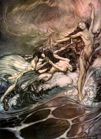 The Rhine Maidens obtain possession of the ring and bear it off in triumph by Arthur Rackham