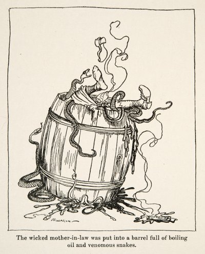 The Wicked Mother-in-Law was Put into a Barrel Full of Boiling Oil and Venomous Snakes, from Little Brother & Little Sister and Other Tales by the Brothers Grimm, pub.1917 by Arthur Rackham