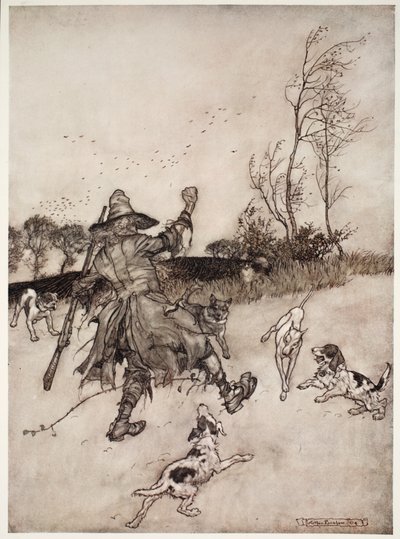 The dogs too, not one of whom he recognised for an old acquaintance, barked at him as he passed, from Rip Van Winkle by Washington Irving by Arthur Rackham