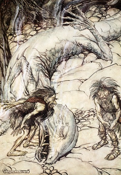 The dwarves quarrelling over the body of Fafner, 1924 by Arthur Rackham