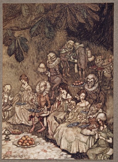 The fairies sit round on mushrooms, and at first they are well behaved, from Peter Pan in Kensington Gardens by J.M. Barrie, pub. 1906 by Arthur Rackham