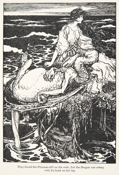 The found the Princess still on the rock, but the Dragon was asleep with his head on her lap by Arthur Rackham