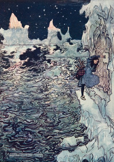 The good little Sister cut off her own tiny finger, fitted it into the lock and succeeded in opening it by Arthur Rackham