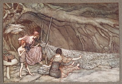 The little people weave their summer curtains from skeleton leaves, from Peter Pan in Kensington Gardens by J.M. Barrie, pub. 1906 by Arthur Rackham
