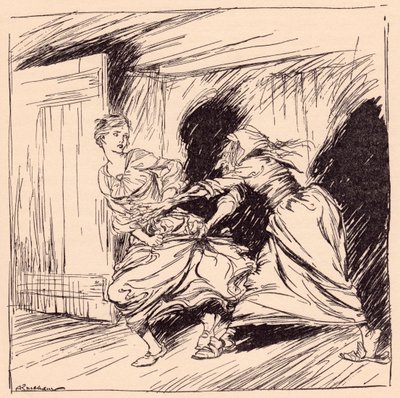The Old Woman Seized Her by the Gown and Tried to Hold Her Fast (Illustration by Arthur Rackham from Grimm