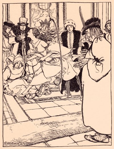 The pretty maiden skipped through the hoop as lightly as a deer (Illustration by Arthur Rackham from Grimm