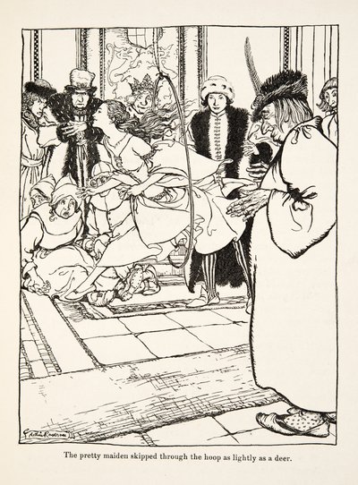 The pretty maiden skipped through the hoop as lightly as a deer, from Little Brother & Little Sister and Other Tales by the Brothers Grimm by Arthur Rackham