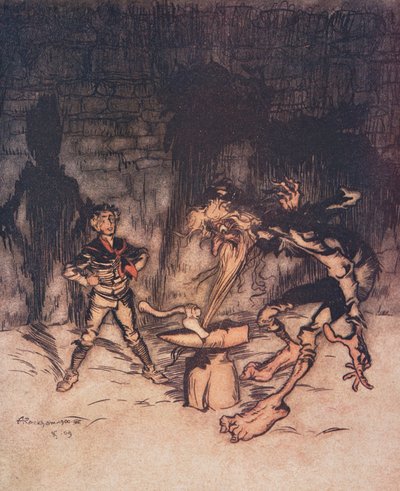 The Youth took the axe and split the anvil with one blow, catching in the Old Mans beard at the same time by Arthur Rackham