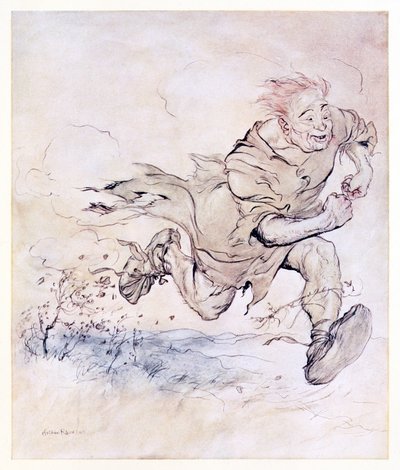 The thumping of his big boots grew as continuous as the pattering of hailstones on a roof, and the wind of his passage blew trees down. from The Carl of the Drab Coat in Irish Fairy Tales by Arthur Rackham