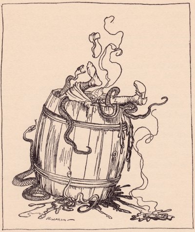 The wicked mother-in-law was put into a barrel full of boiling oil and venomous snakes (Illustration by Arthur Rackham from Grimm