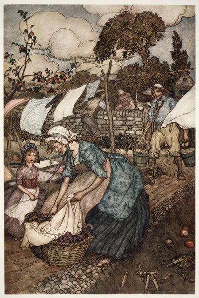 The women of the village used to employ him to do such little odd jobs as their less obliging husbands would not do for them, from Rip Van Winkle by Washington Irving by Arthur Rackham