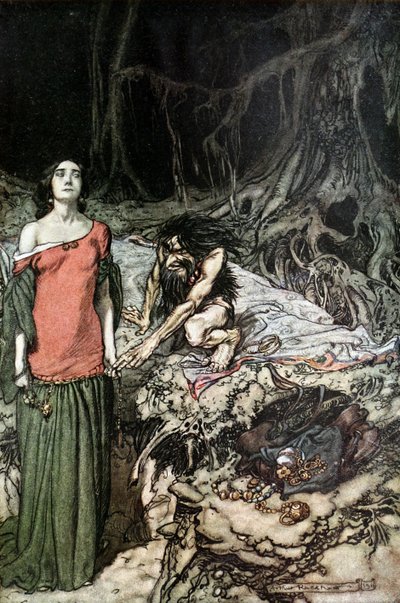 The Wooing of Grimhilde, the Mother of Hagen. Illustration for Siegfried and The Twilight of the Gods by Arthur Rackham