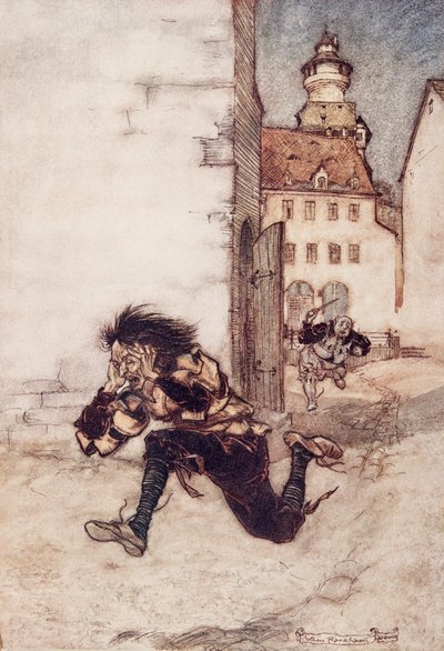 Then he ran after him, still holding the carving knife, and cried Only one, only one! by Arthur Rackham