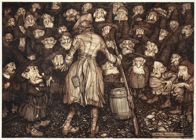 They stared at him with such fixed, statue-like gaze, that his heart turned within him and his knees smote together., from Rip Van Winkle by Washington Irving, pub. 1910 by Arthur Rackham