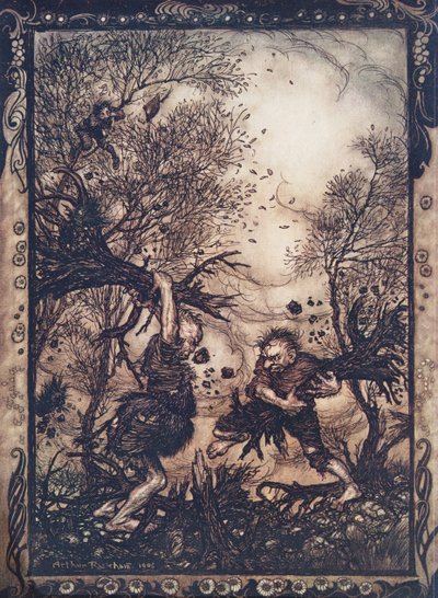 They worked themselves into such a rage that they tore up trees by the roots, and hacked at each other till they both fell dead by Arthur Rackham