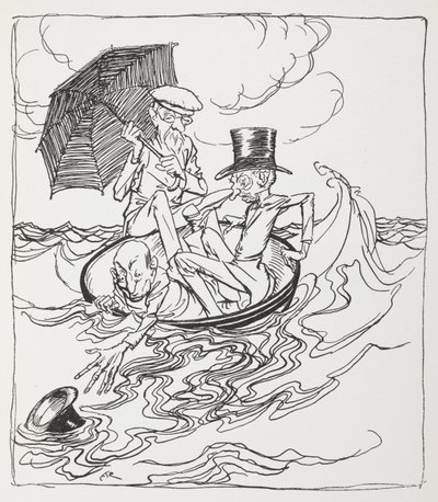 Three Men in a Bowl on the Sea. by Arthur Rackham