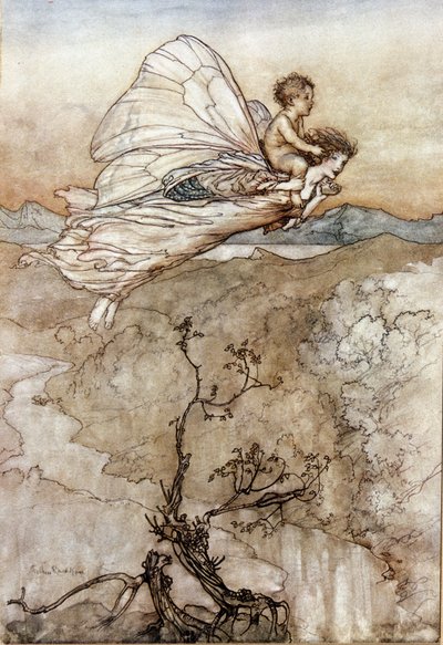 Titania the Queen of Fairies flies with her changeling child on the back. Illustration by Arthur Rackham for The Dream of a Summer Night by William Shakespeare by Arthur Rackham