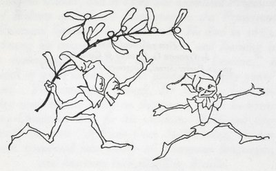 Two Elves Playing, One Carrying a Sprig of Mistletoe by Arthur Rackham