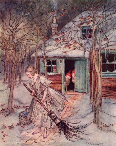 What did she find there but real ripe strawberries. Illustration by Arthur Rackham from Grimm