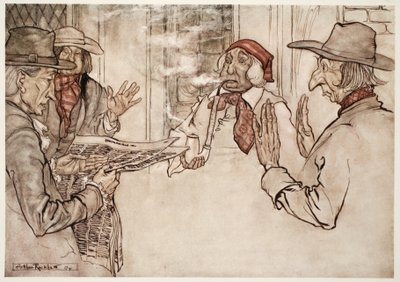 When anything displeased him he was observed to smoke his pipe vehemently, and to send forth short, frequent and angry puffs., from Rip Van Winkle by Washington Irving, pub. 1910 by Arthur Rackham