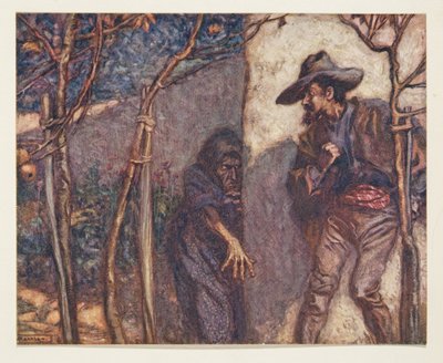 When he went over the wall he was terrified to see the Witch before him by Arthur Rackham
