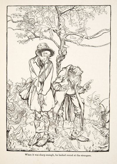 When it was sharp enough, he looked round at strangers, from Little Brother & Little Sister and Other Tales by the Brothers Grimm, pub.1917 by Arthur Rackham