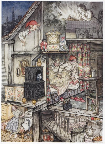 When night was come and the shop shut up. A family at night in their home. A man reading in the attic reading. An elf looking through a keyhole. Two people, the parents in bed. A young girl sitting on her bed by Arthur Rackham