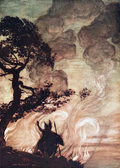 Wotan Turns and Looks Sorrowfully Back at Brünnhilde. Illustration for The Rhinegold and The Valkyr by Arthur Rackham