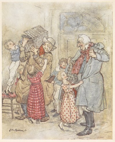 Young children helping two older men with their coats as they enter a house carrying Christmas gifts by Arthur Rackham