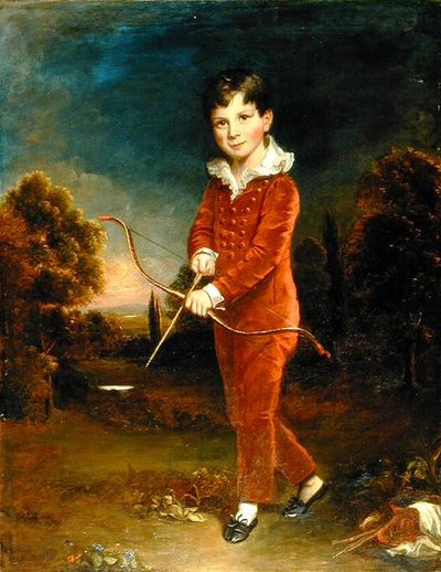 Portrait of a Young Boy in a Red Suit Holding a Bow and Arrow by Arthur William Devis