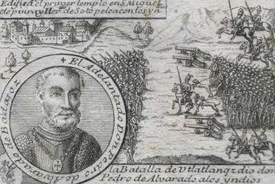 Pedro de Alvarado, Spanish conquistador and governor of Guatemala. Ulatlanga battle by Artist Unknown