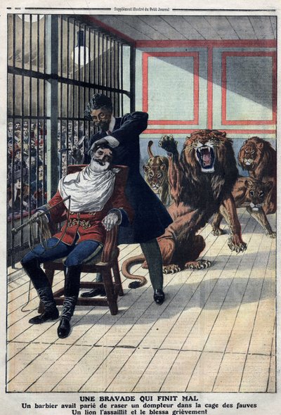 A bravado that ends badly: a barber who bet to shave a tamer in the cage of the beasts by Artist Unknown