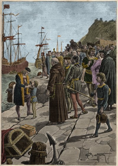 Departure of Christopher Columbus and his companions from the port of Palos in Spain, August 3 by Artist Unknown