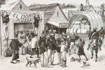 England (19th century). Colonization (1880). The life of the gold diggers in Australia. English colony of Botany Bay (founded in 1788) and initially populated mostly by criminals turned prospectors and traders (engraving) by Artist Unknown