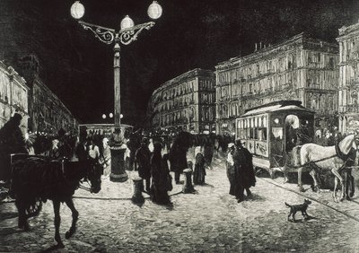 Madrid (1878). The Puerta del Sol Enlightened with Electric Light. Picture after a Drawing by Pellicer for 