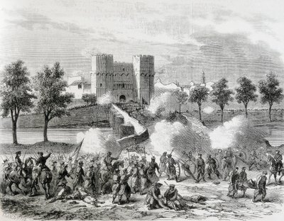 Glorious Revolution. Attack of the Government Troops in the Serrans Gate in Valencia. Engraving from 