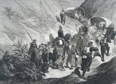 Spain. Third Carlist War. Carlist prisoners walking across the mountains in Emporda (Catalonia). Engraving. by Artist Unknown