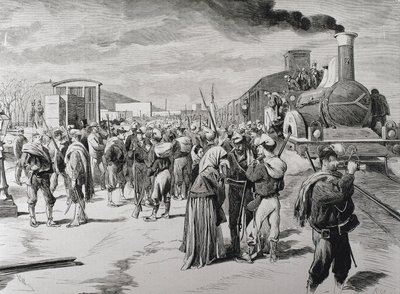 Spain. Third Carlist War. Departure of a free corps battalion against the Carlists from Barcelona. Picture from 